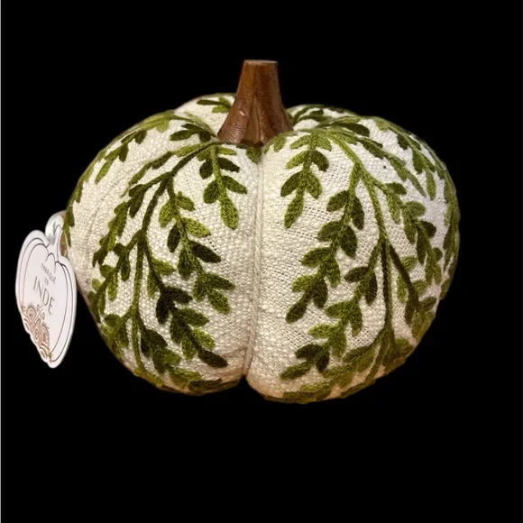 Embroidered Small Green and White Fabric Pumpkin - Picture 5 of 10